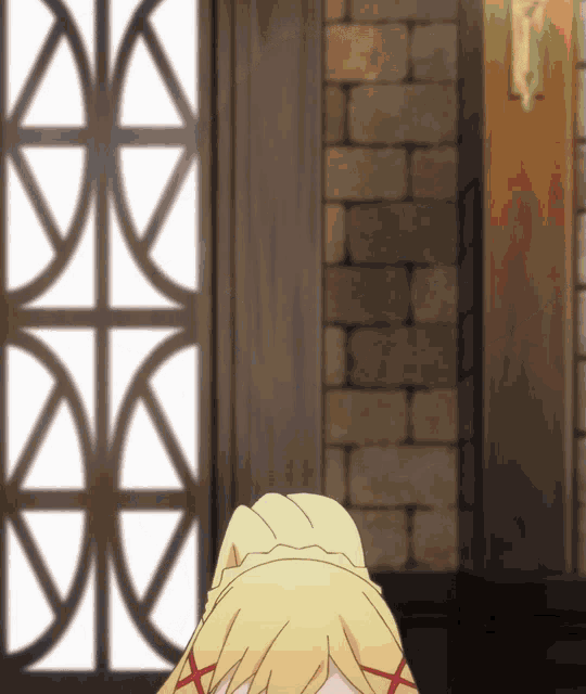 a girl with blonde hair is standing in front of a brick wall with a window