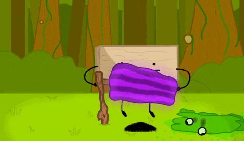 a cartoon drawing of a purple striped object holding a wooden stick