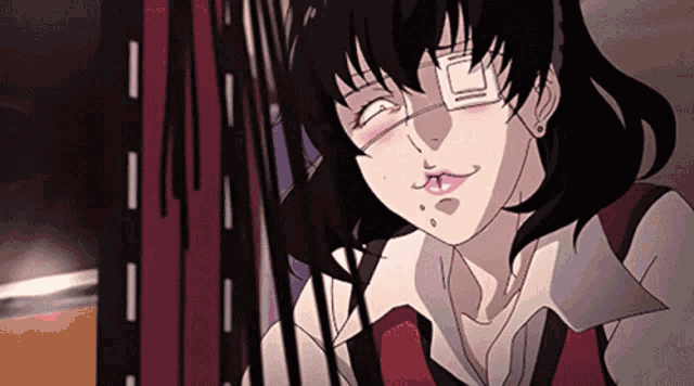 a girl with a bandage on her eye is making a funny face while looking at something .
