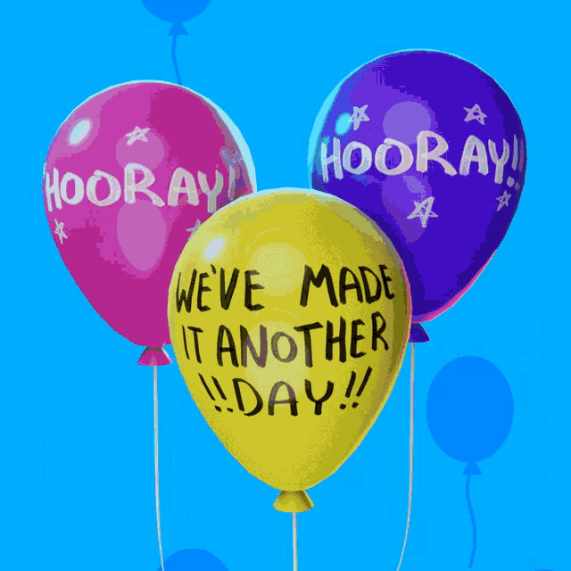 three balloons with the words " hooray " written on them