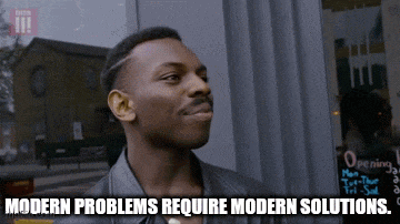 a man standing in front of a building with the words modern problems require modern solutions written below him