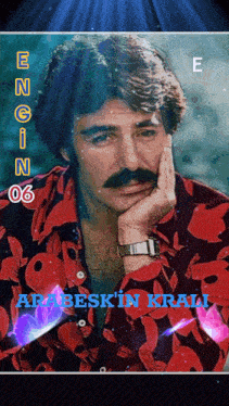 a man with a mustache is wearing a red floral shirt and has the number 6 on his shirt