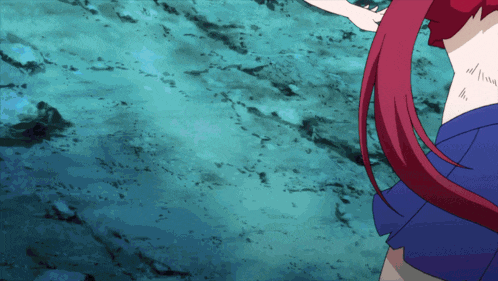 a girl with red hair and a blue skirt is standing on a blue surface