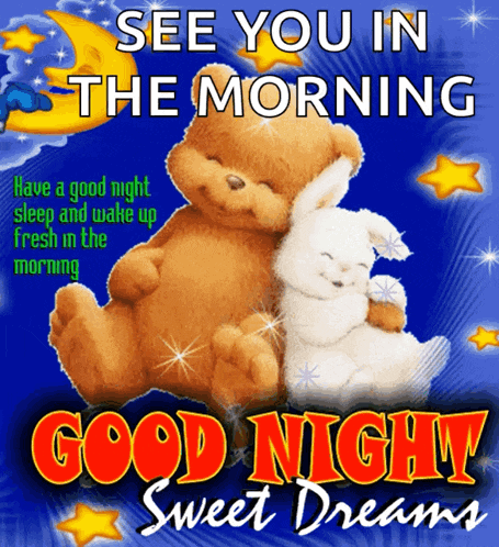 a teddy bear and a rabbit are on a blue background with the words see you in the morning good night sweet dreams