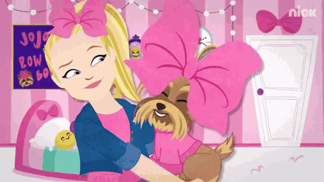 a cartoon of jojo siwa holding a dog in a pink room