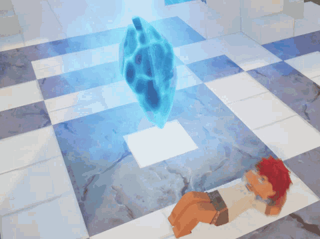 a cartoon character is sitting on a checkered floor looking at a blue object