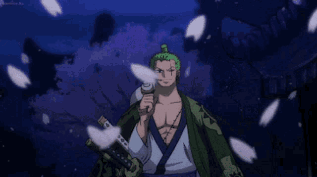 a cartoon of a man with a green haired head holding a samurai sword