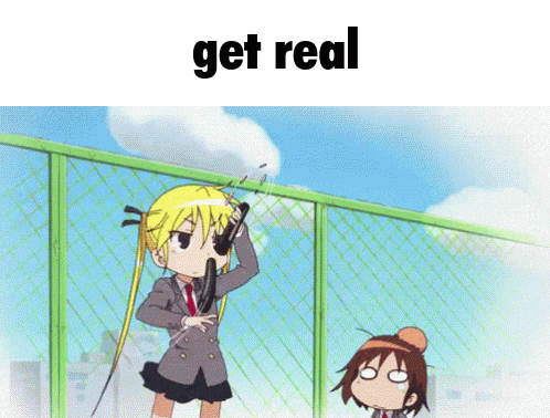 a cartoon girl is holding a bow and arrow while another girl looks on and says get real