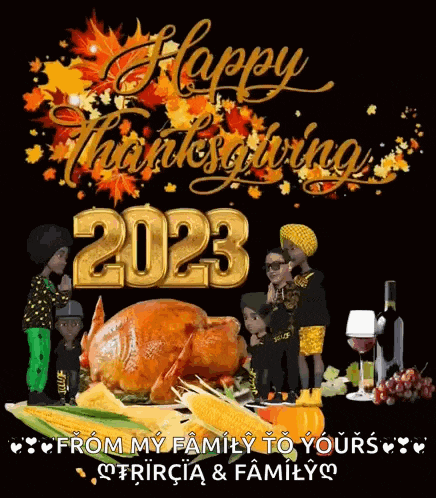 a happy thanksgiving greeting card with a turkey and the year 2023 on it