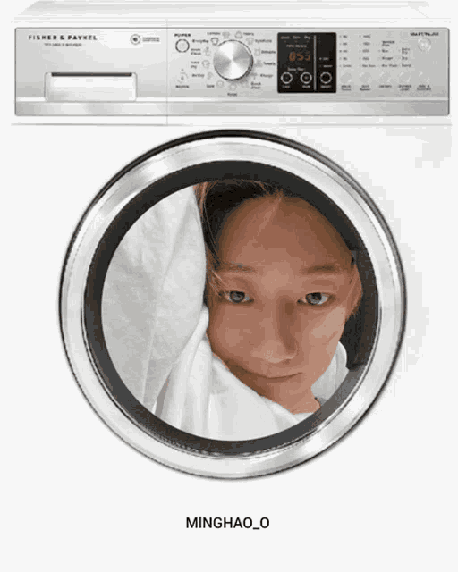 a fisher & paykel washing machine with a picture of a woman in the door