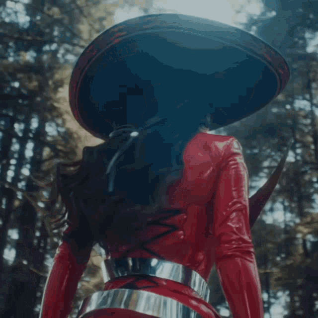 a woman wearing a sombrero and a red outfit