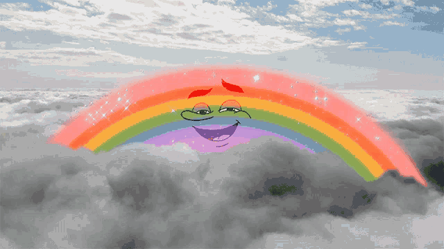 a rainbow with a face drawn on it is in the clouds