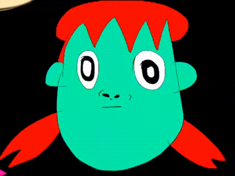 a cartoon drawing of a green monster with red hair and big eyes