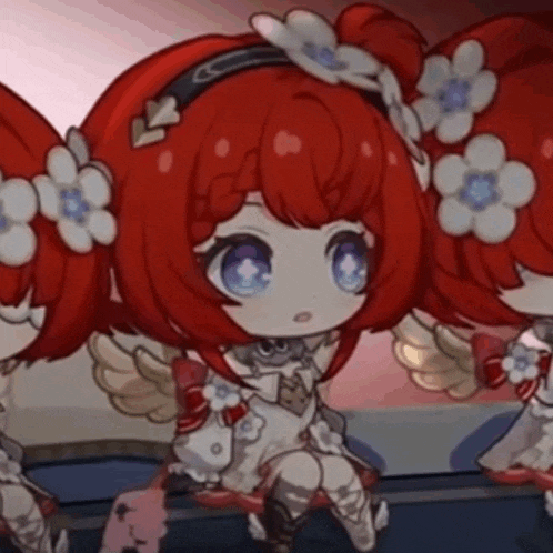 a little girl with red hair and flowers in her hair is sitting on a bench