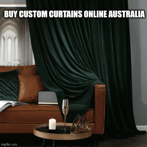a living room with a couch and a table with the words buy custom curtains online australia on the bottom