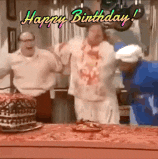 a group of men are dancing in front of a birthday cake with the words happy birthday written above them
