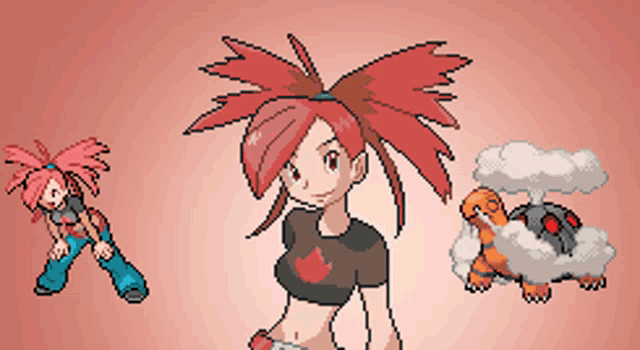 a pixel art of a girl with red hair standing next to a turtle