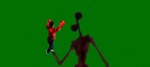 a boy in a red sweater is standing next to a monster with a siren head on a green screen .