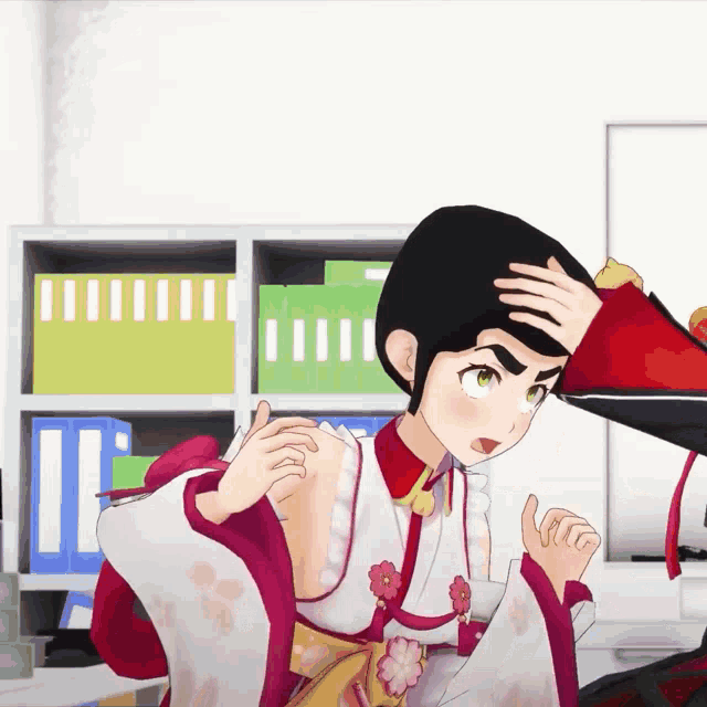a girl in a red and white kimono with flowers on it