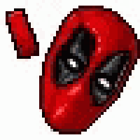 a pixel art of a deadpool head with a heart speech bubble .