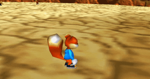 a cartoon squirrel in a blue shirt is walking on a sandy surface