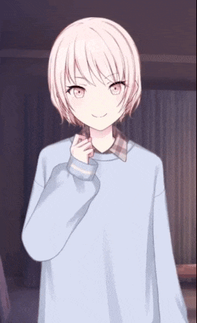 a girl with short white hair and red eyes is wearing a blue sweater and a plaid shirt .