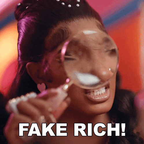 a woman is looking through a magnifying glass with the words fake rich behind her
