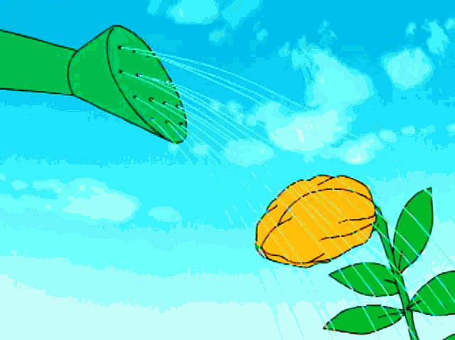 a green watering can is watering a yellow flower against a blue sky