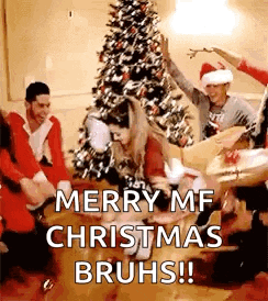a group of people are dancing in front of a christmas tree in a room .
