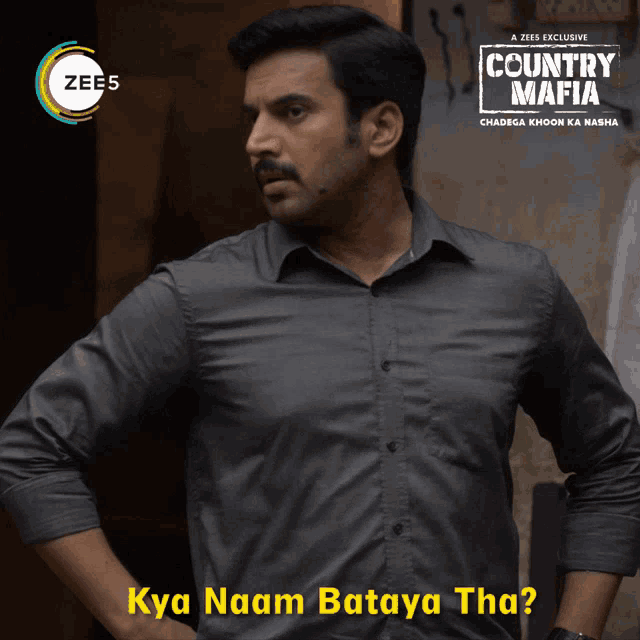 a man in a gray shirt stands in front of a poster for country mafia