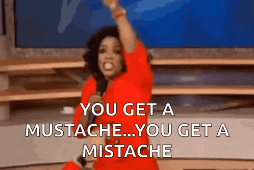 a woman is holding a microphone and saying you get a mustache you get a mistache