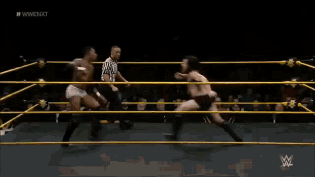 two men are wrestling in a wrestling ring and one of them is laying on the ground .
