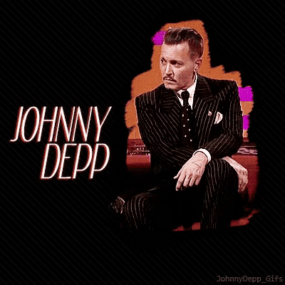 a man in a suit and tie is sitting on a couch with the name johnny depp written on the bottom