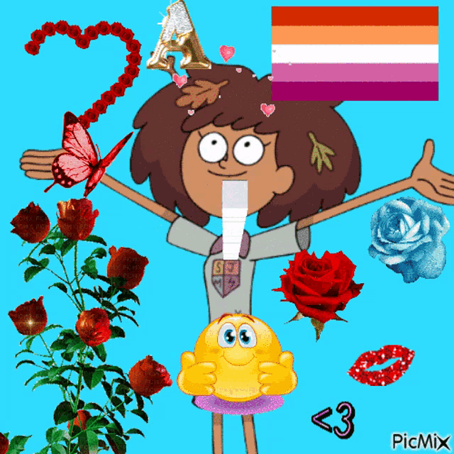 a picture of a cartoon character surrounded by flowers and a flag that says picmix