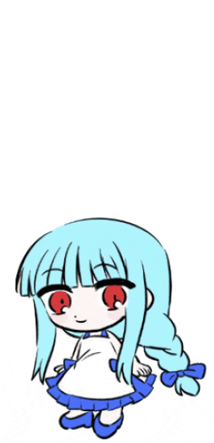 a cartoon girl with blue hair and red eyes