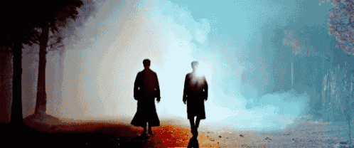 two men are walking in a foggy forest with a light behind them .