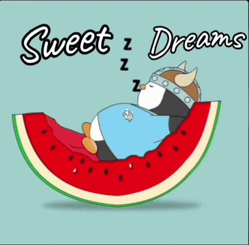 an illustration of a penguin sleeping on a slice of watermelon