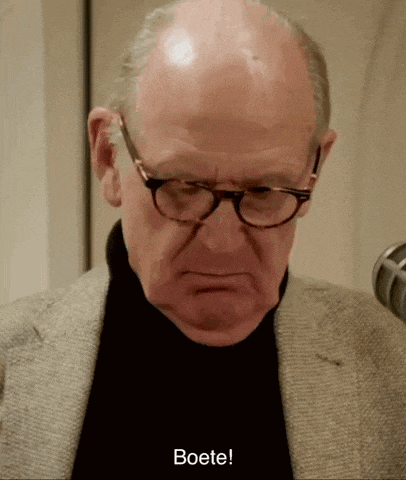 a bald man wearing glasses and a black turtleneck has the word boete above his head