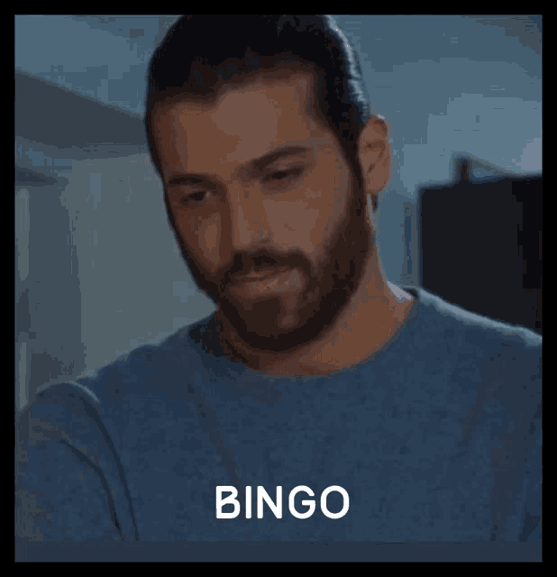a man with a beard is wearing a blue shirt and the word bingo is on the bottom