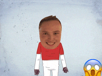 a drawing of a man flexing his muscles with a surprised face in the background