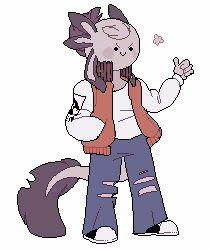 a pixel art drawing of an axolotl wearing a vest , jeans and a scarf .