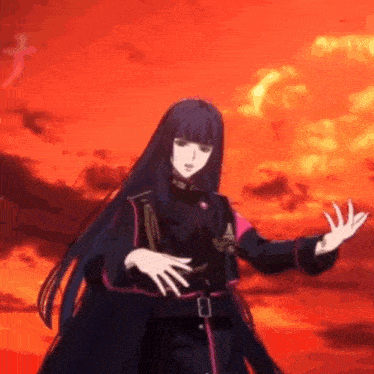 a girl with long purple hair is standing in front of a red sky with her hands outstretched .