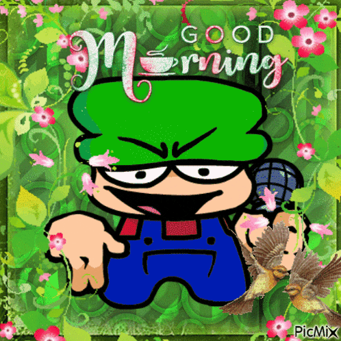 a picture of a cartoon character with the words good morning written on it
