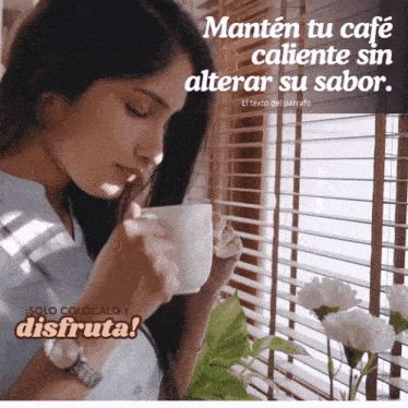 a woman holding a cup of coffee in front of a window with blinds