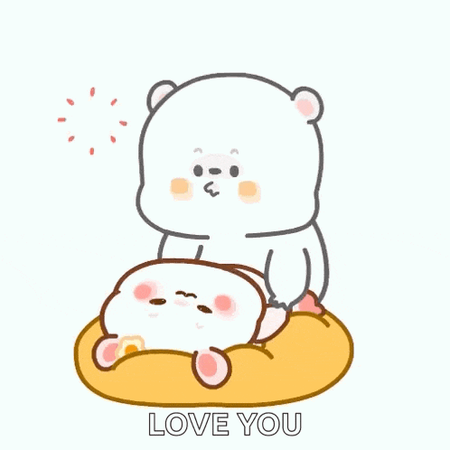 a cartoon rabbit is sitting on a pillow with a heart and the words `` love you '' written above it .