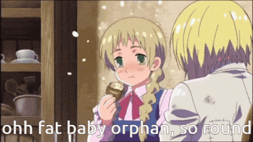 a boy and a girl are standing next to each other with the words ohh fat baby orphan so round below them