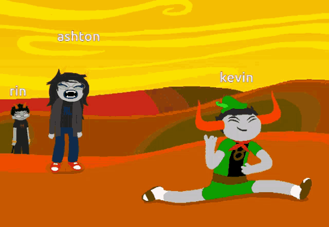 a cartoon of kevin and ashton standing next to each other in a desert