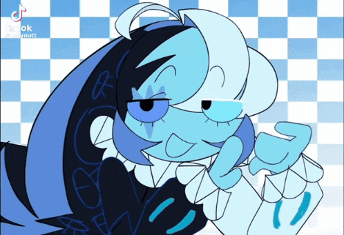 a cartoon character with blue hair and a checkered background has tiktok written on the bottom