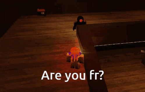 a cartoon character is standing on a wooden floor with the words are you fr