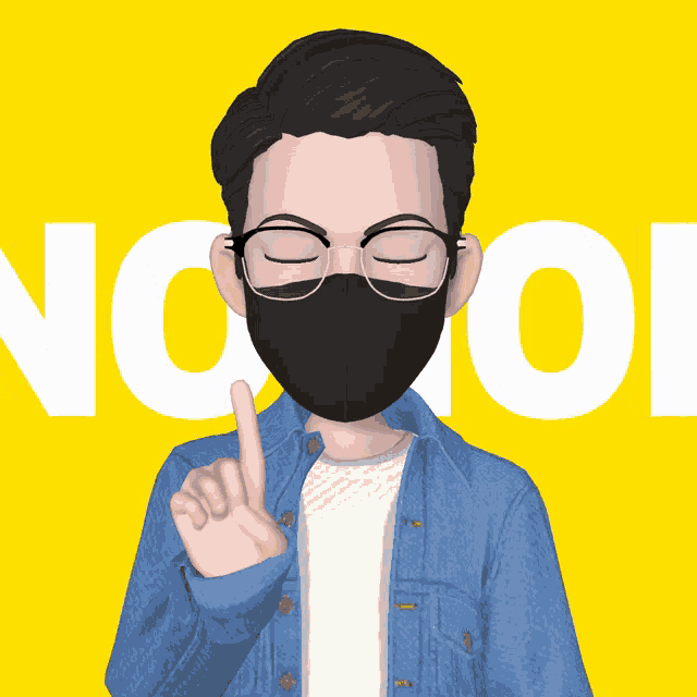 a cartoon character wearing a black mask and glasses points up in front of the word no on a yellow background